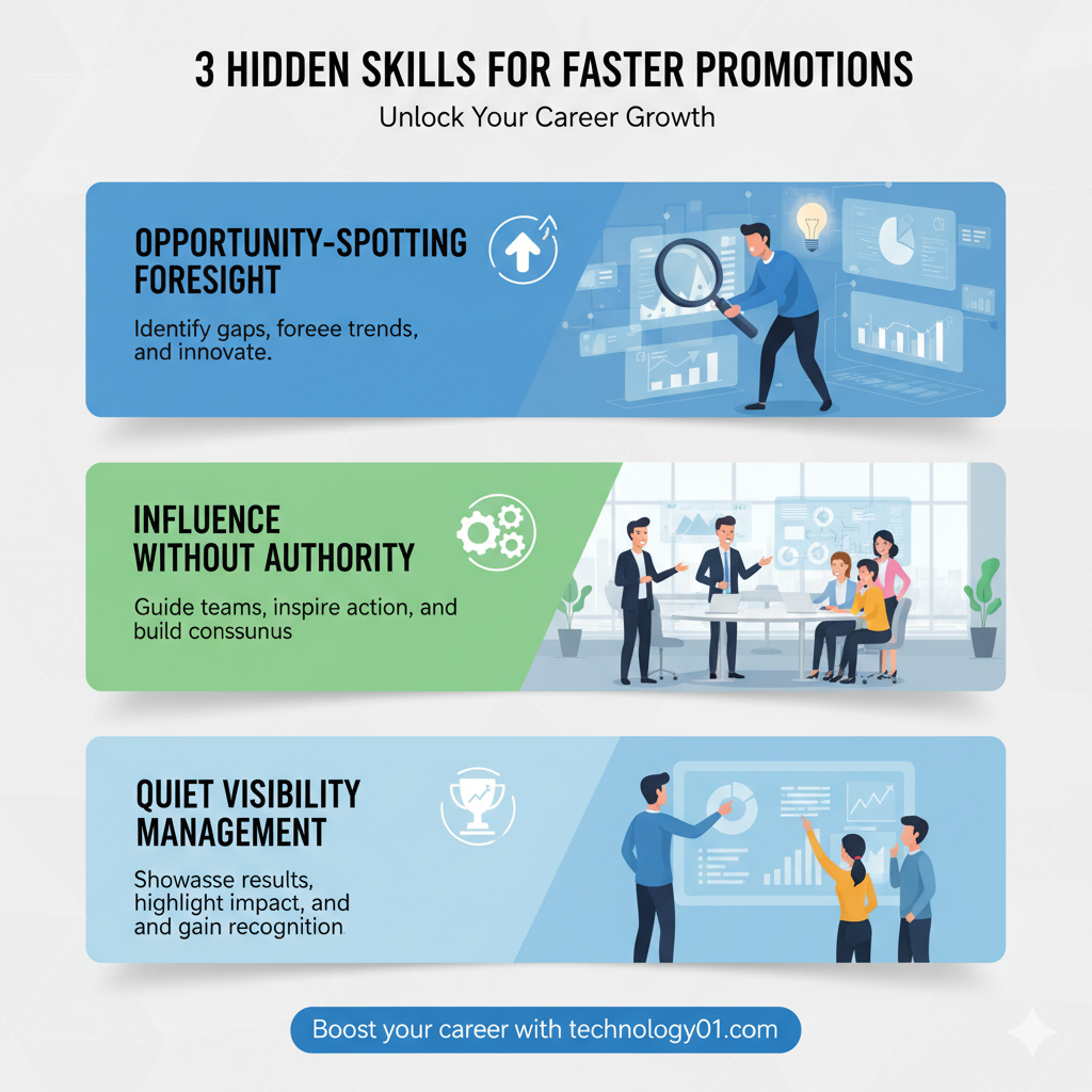 Infographic showing the 3 hidden skills for faster promotions: Opportunity-Spotting Foresight (detecting gaps and opportunities), Influence Without Authority (leading teams without a title), and Quiet Visibility Management (subtly showcasing results), with professional icons and a modern corporate design.