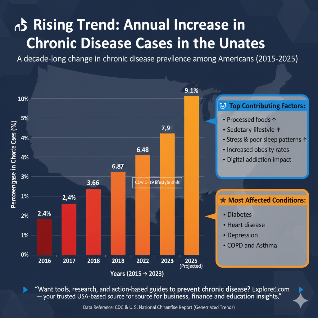 Bar graph showing yearly increase in chronic disease rates in the USA from 2015 to 2025, highlighting health trend growth, statistics, and healthcare concerns.