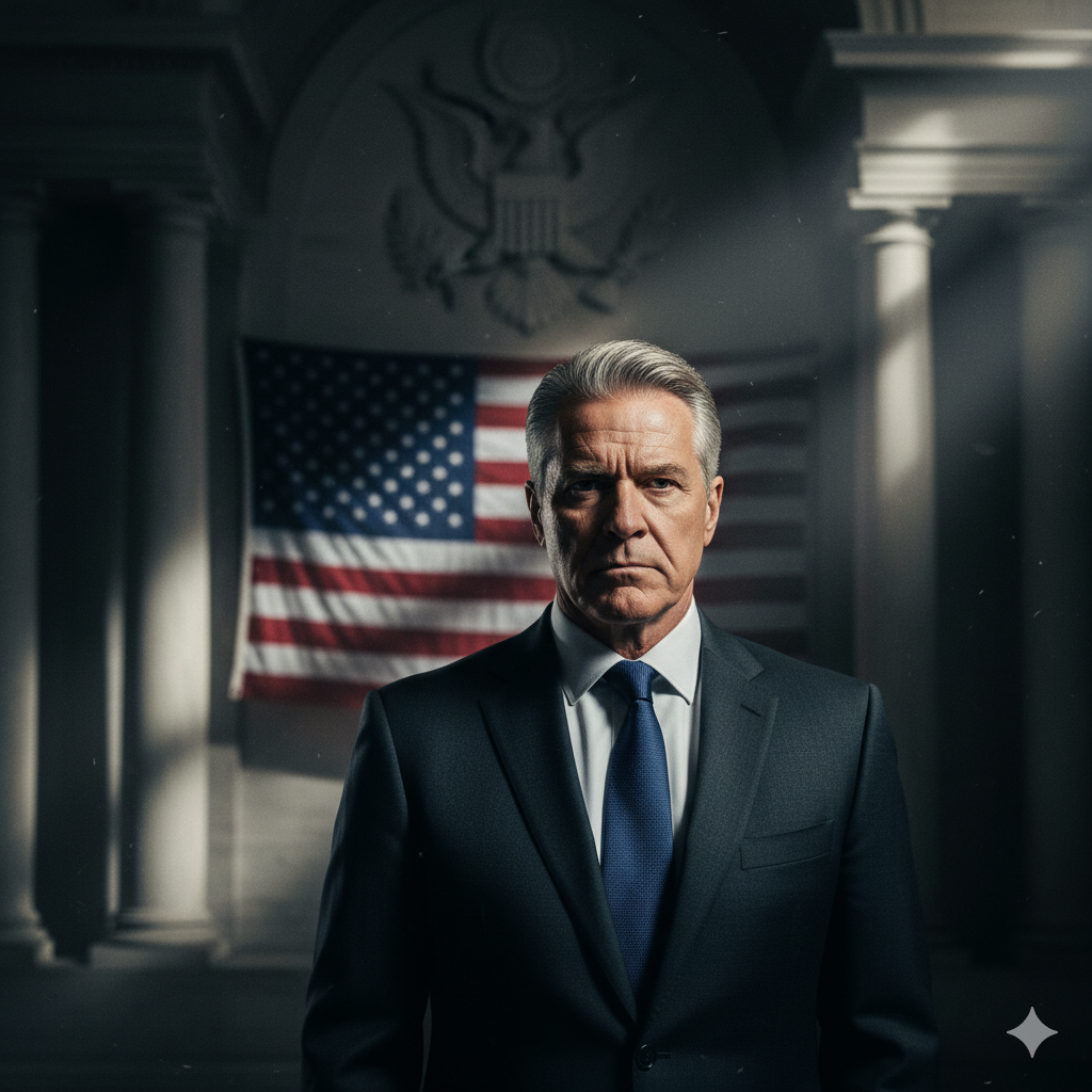 Dramatic promotional-style image of a powerful middle-aged political figure standing in deep shadows with subtle American symbolism in the background.