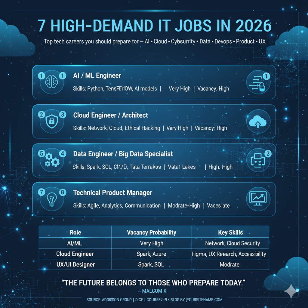 "Infographic of high demand IT jobs 2026 showing AI, cloud, cybersecurity, and data roles"