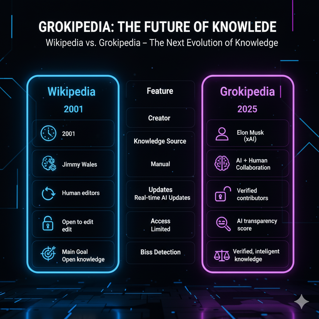 "Comparison chart showing Wikipedia and Grokipedia differences in accuracy, AI collaboration, and transparency."