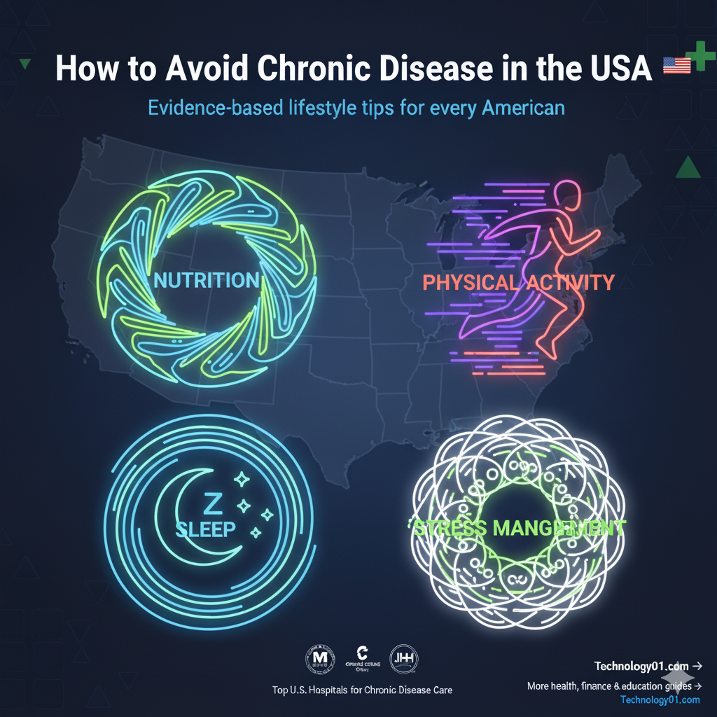 Infographic showing chronic disease prevention tips in the USA, including healthy lifestyle habits, exercise, nutrition, sleep, stress management, and medical checkups.