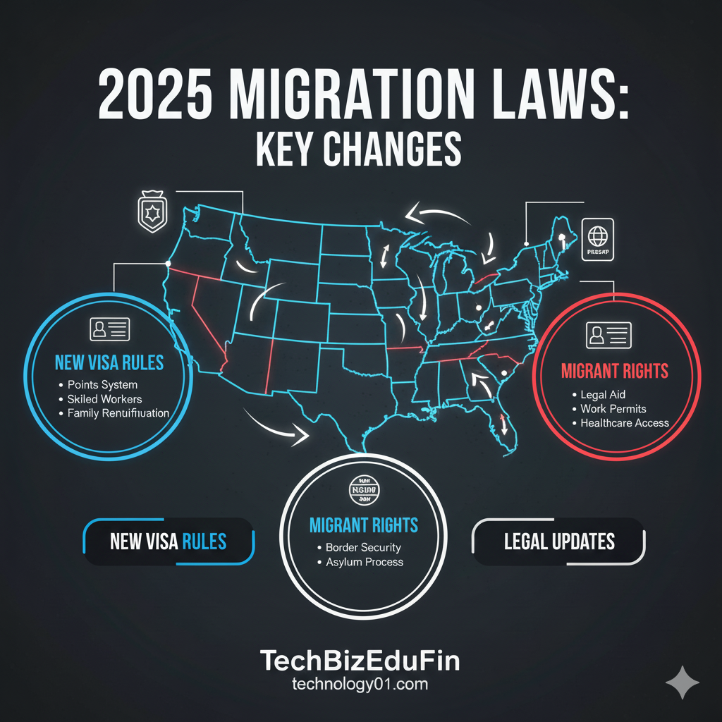 Infographic of a USA map with migration arrows, legal icons, and 2025 immigration law highlights on a dark background.
