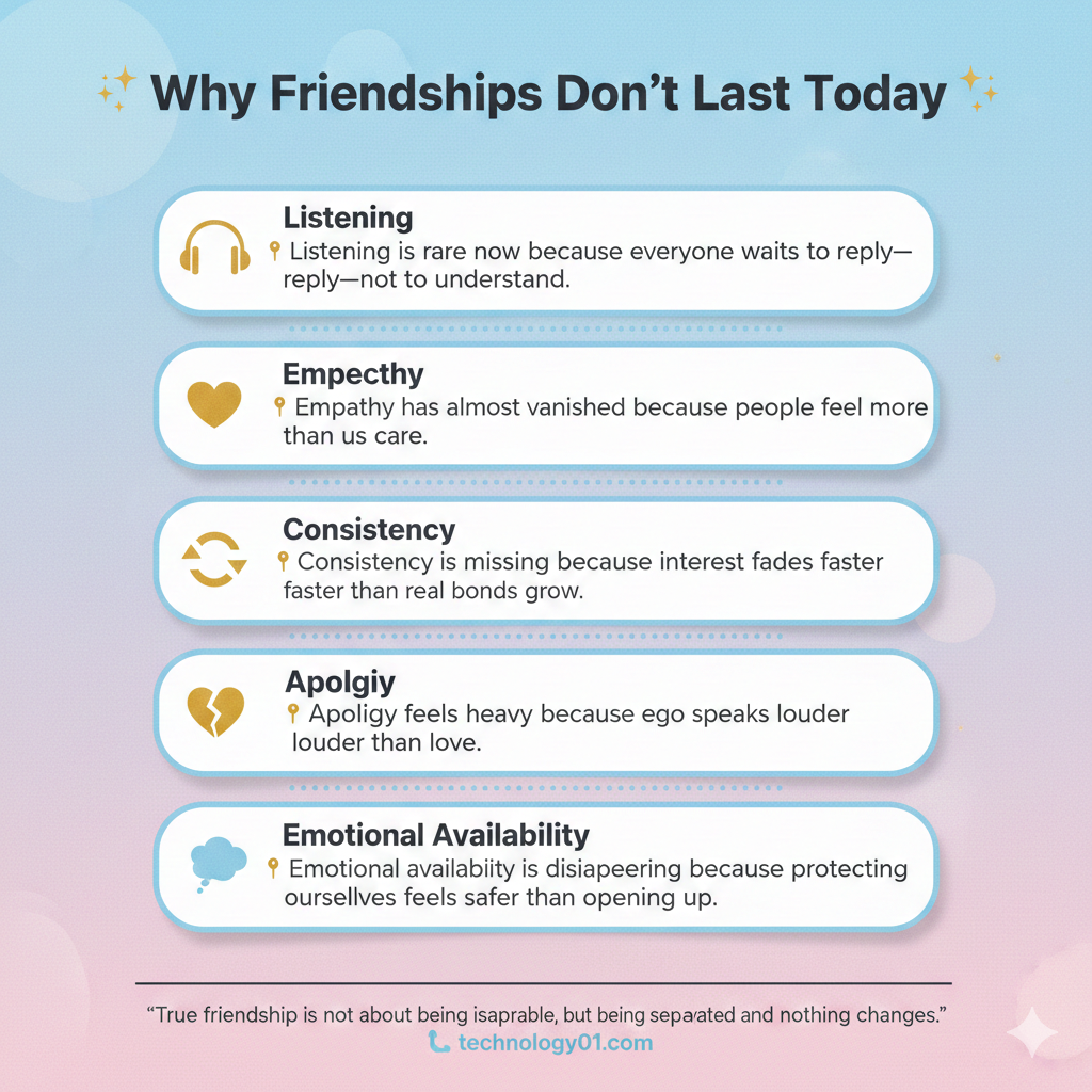 A soft emotional infographic explaining five reasons why modern friendships struggle: lack of listening, empathy, consistency, apology, and emotional availability. Aesthetic design for blogs, Instagram, and self-growth content.