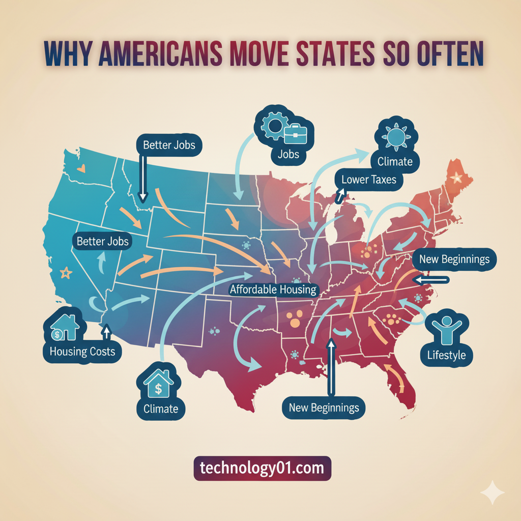 “Infographic map of the USA showing state-to-state migration trends and reasons why Americans move states so often.”